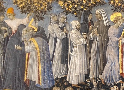 Detail from Giudizio Universale, by Giovanni di Paolo, showing two nuns embracing